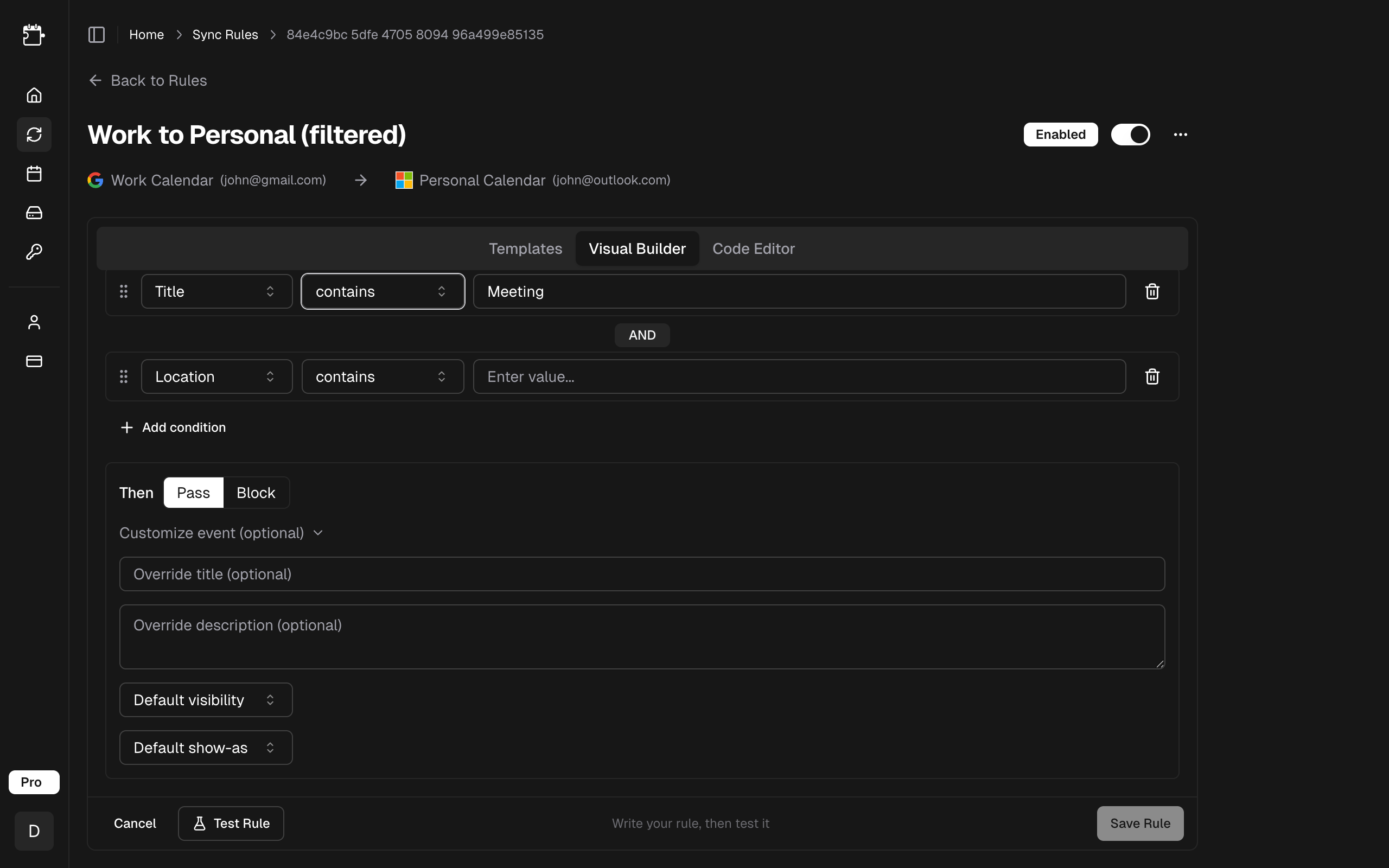 Action configuration panel with Pass/Block toggle and transform options