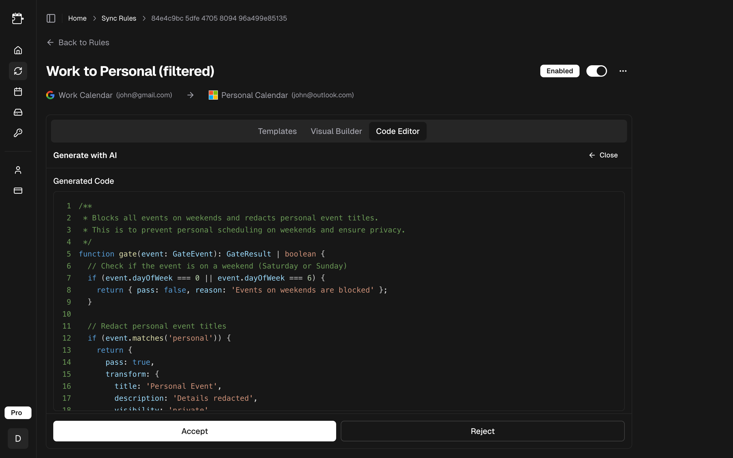 Generated code preview with Accept and Reject buttons
