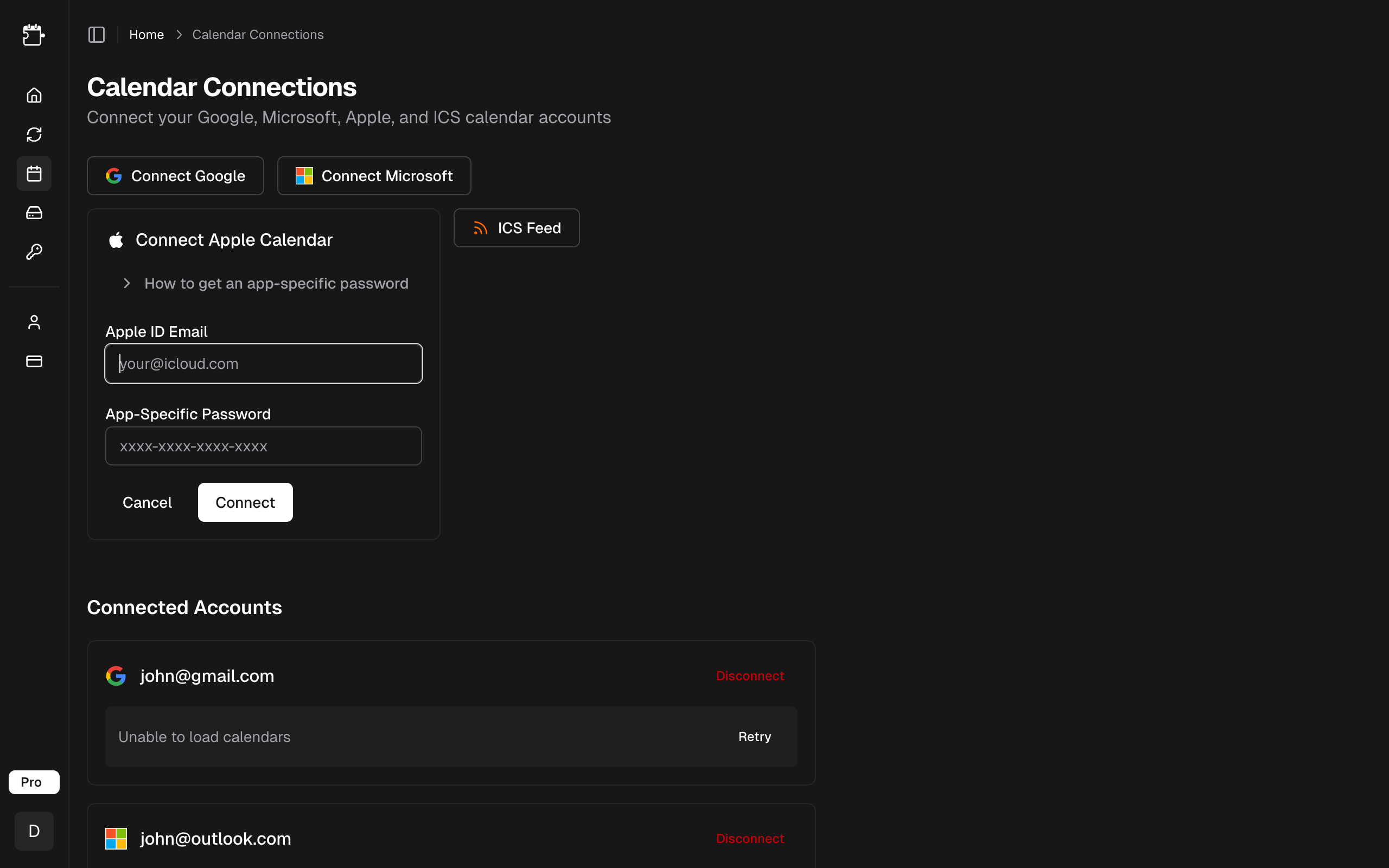 Apple Calendar credentials form