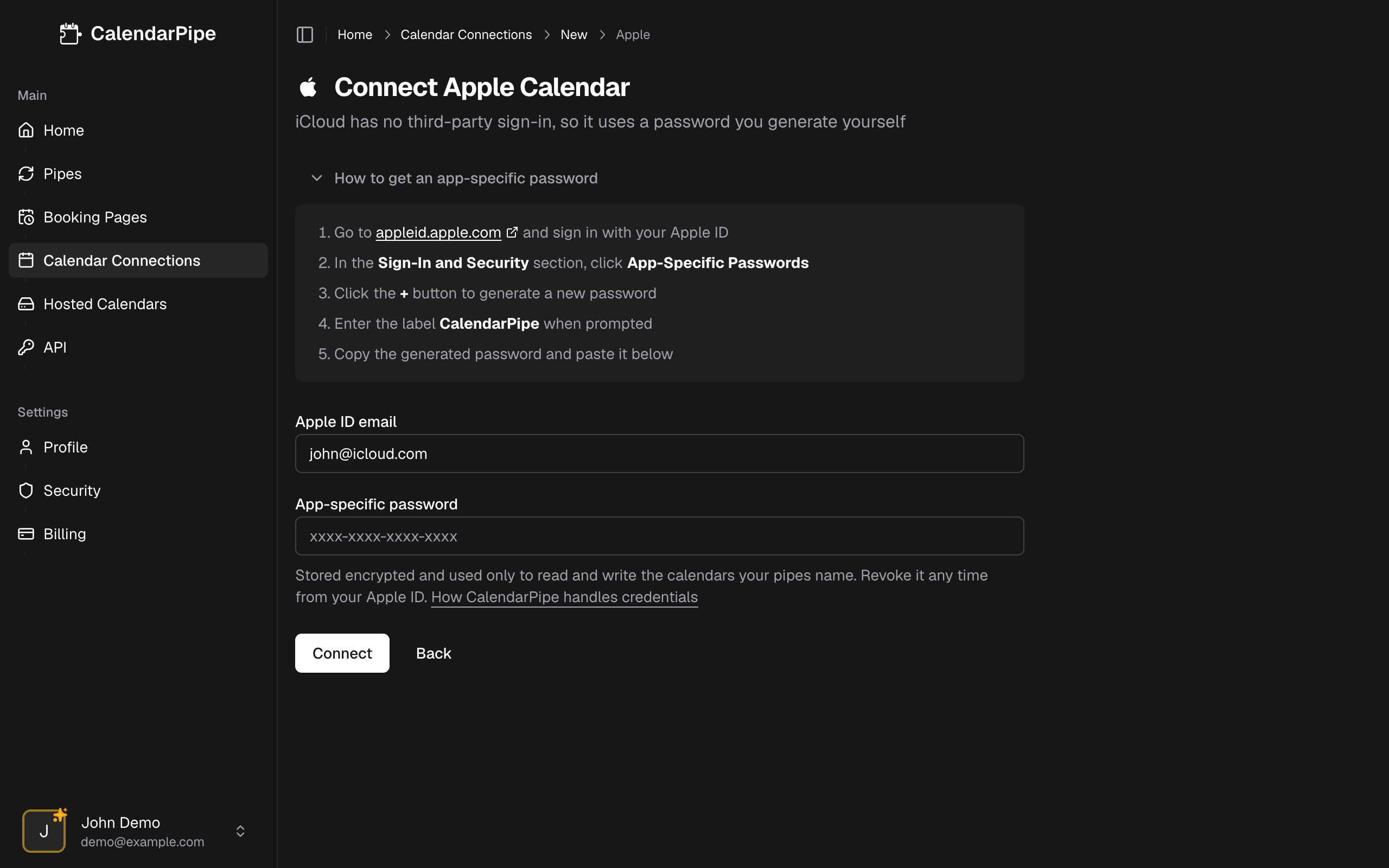 Apple Calendar credentials form
