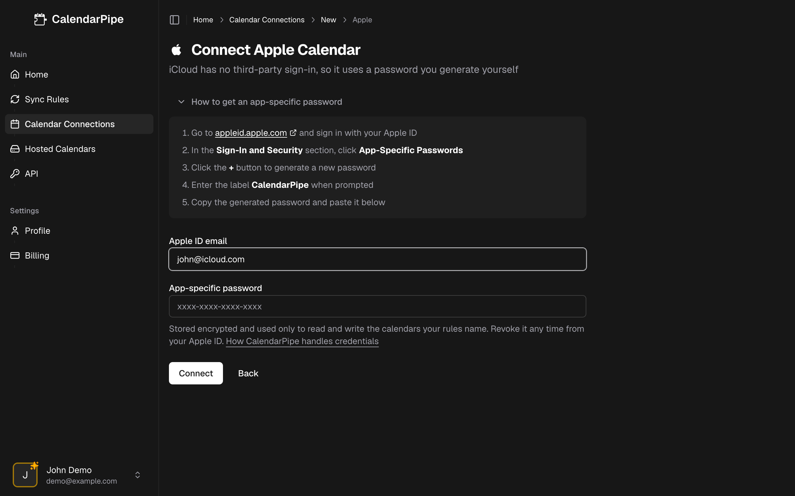 Apple Calendar credentials form