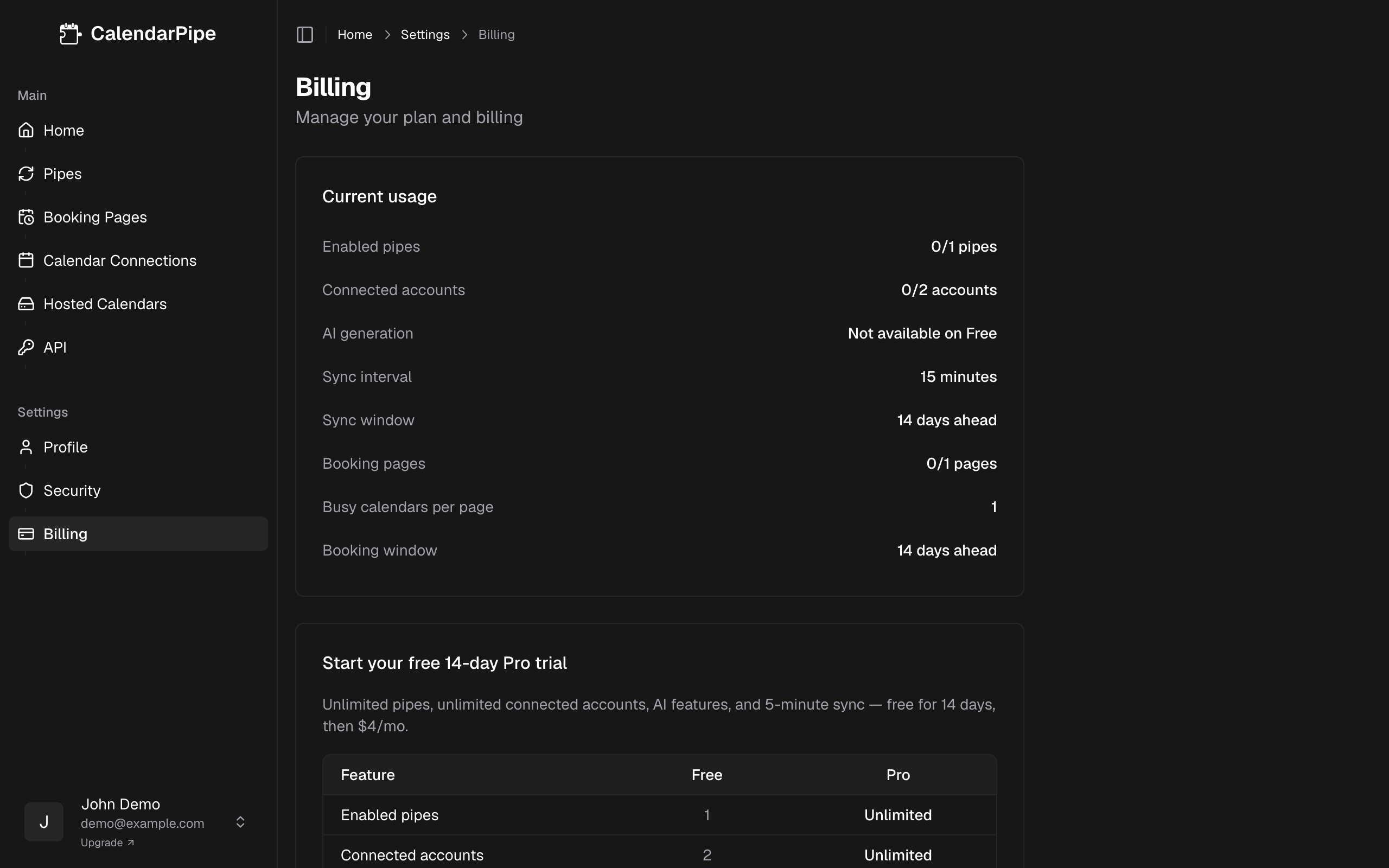 Billing settings page