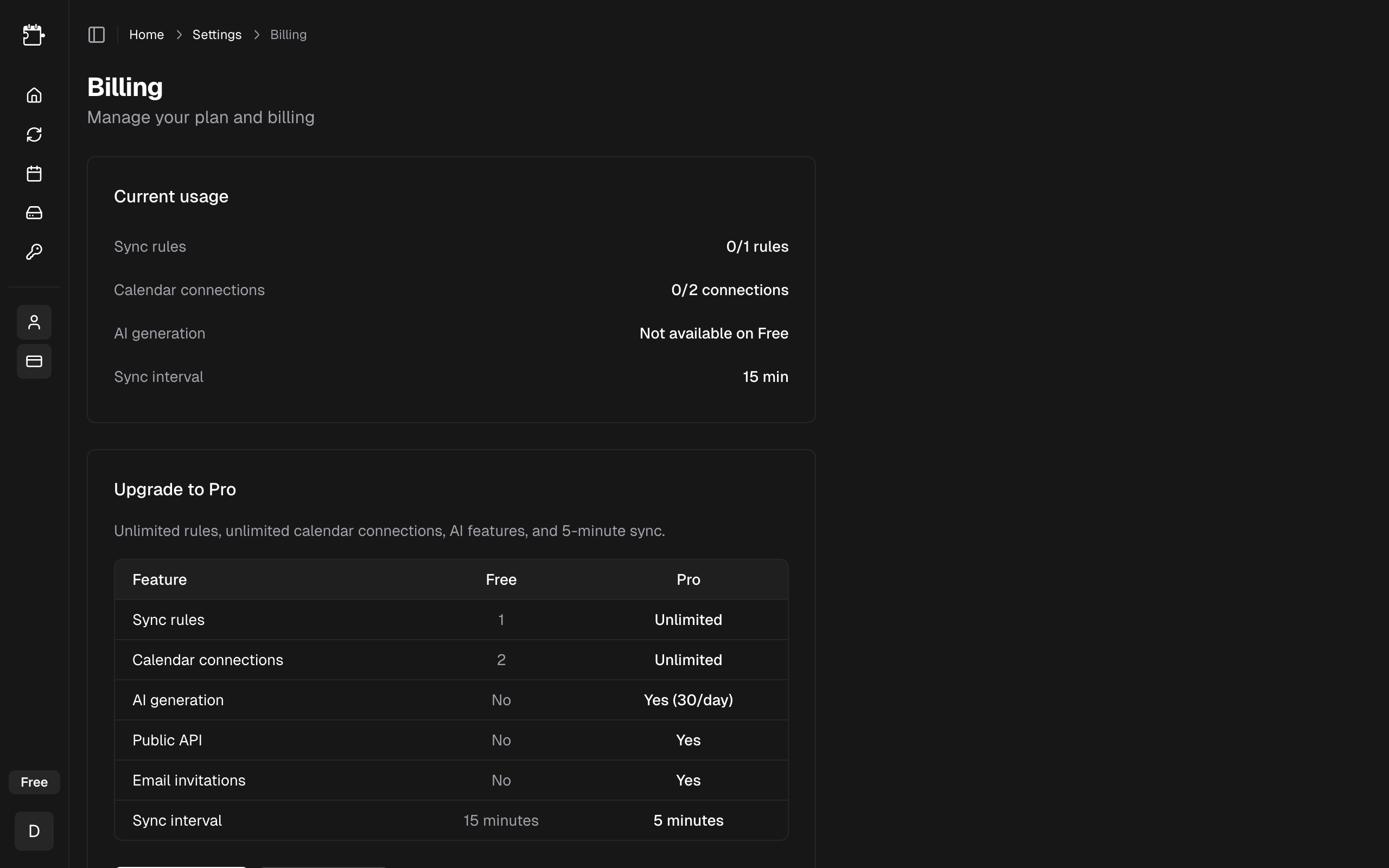 Billing settings page