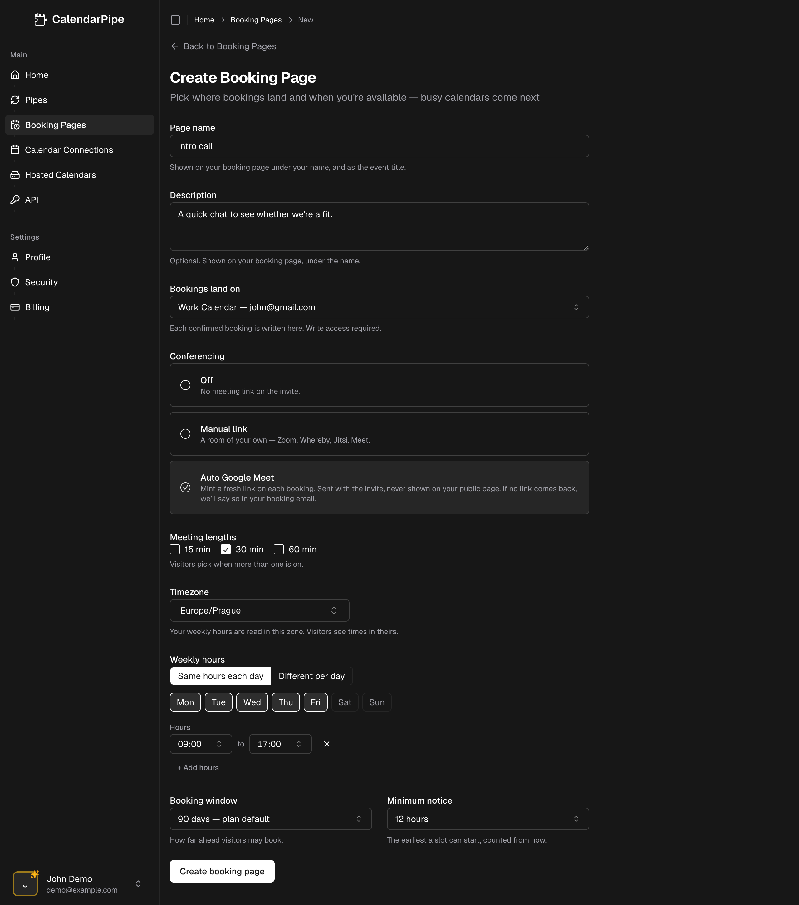 Create Booking Page form