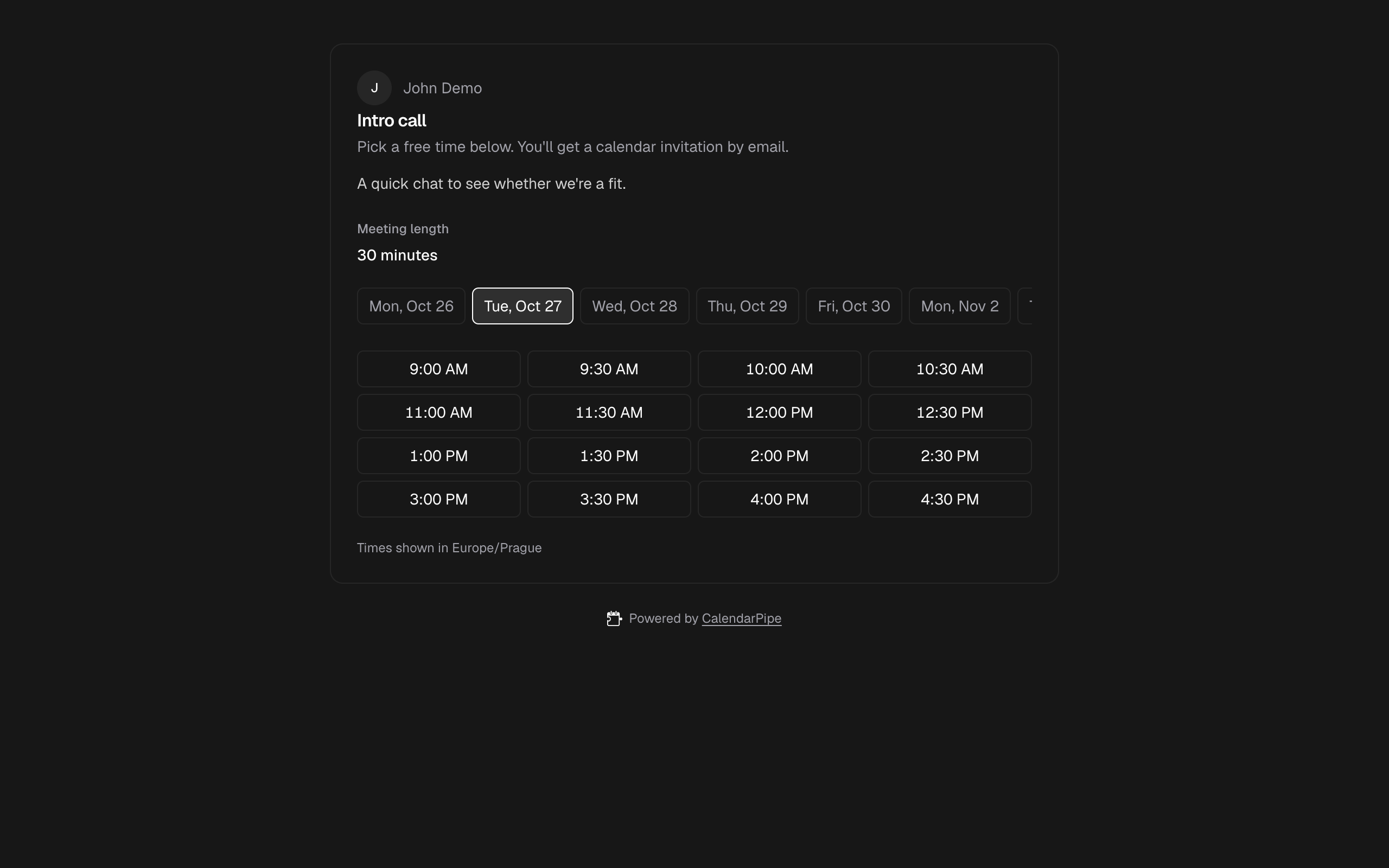 Public booking page showing free slots for the selected day