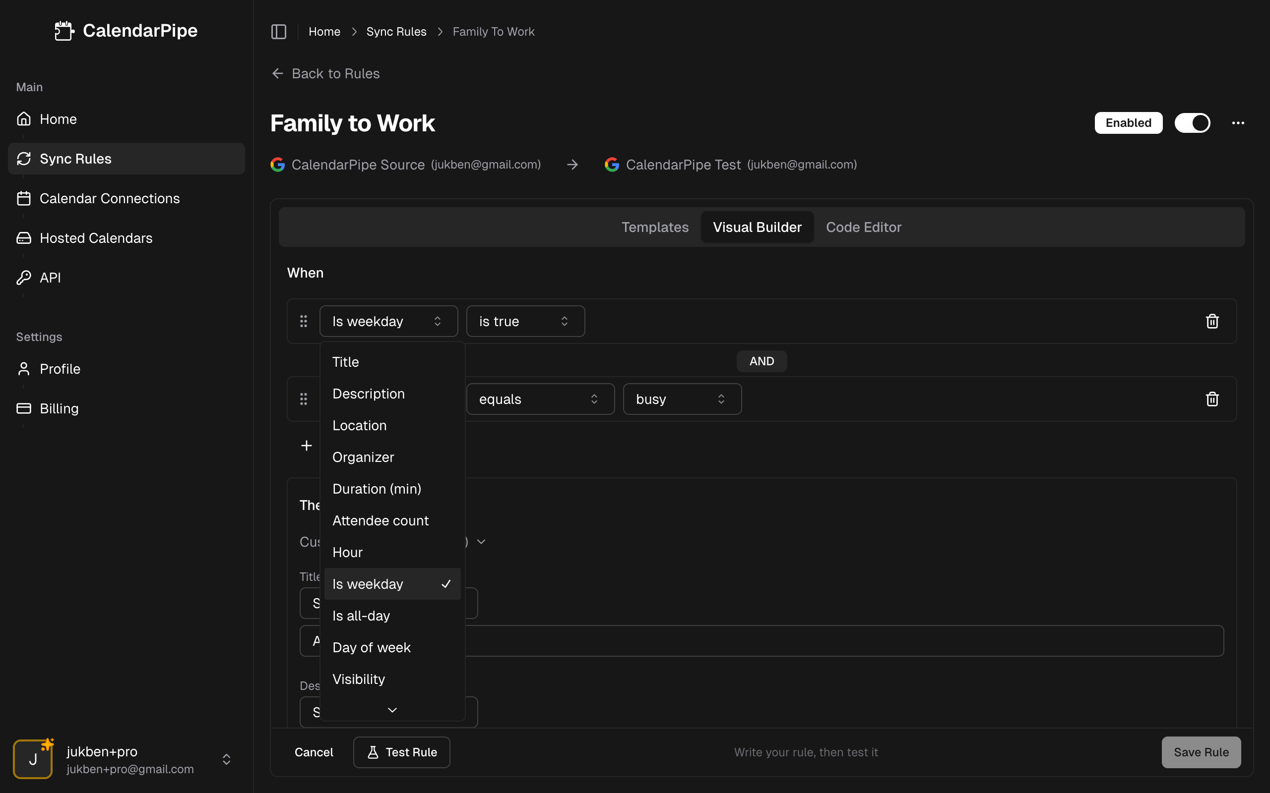 Condition property dropdown showing available properties