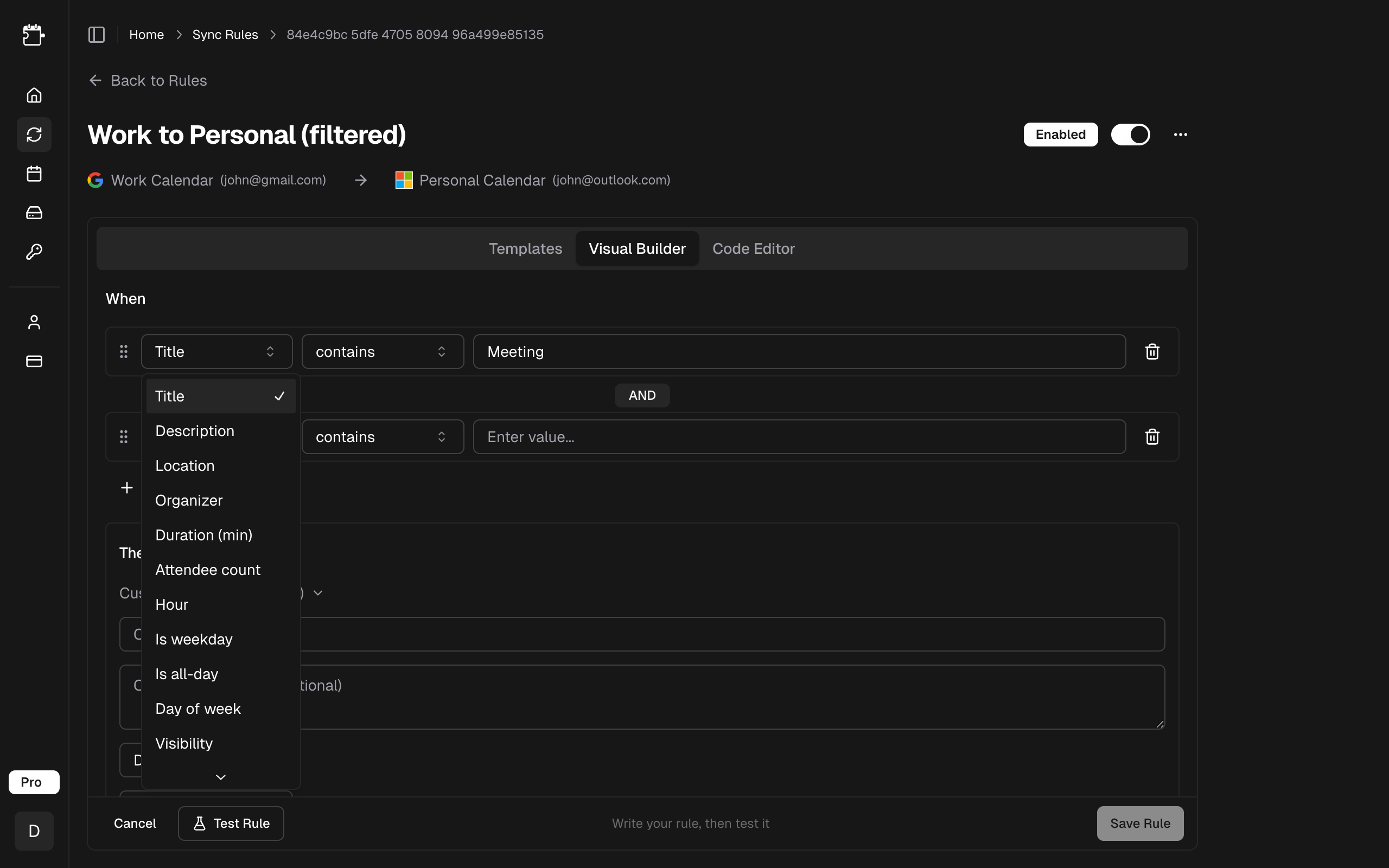 Condition property dropdown showing available properties