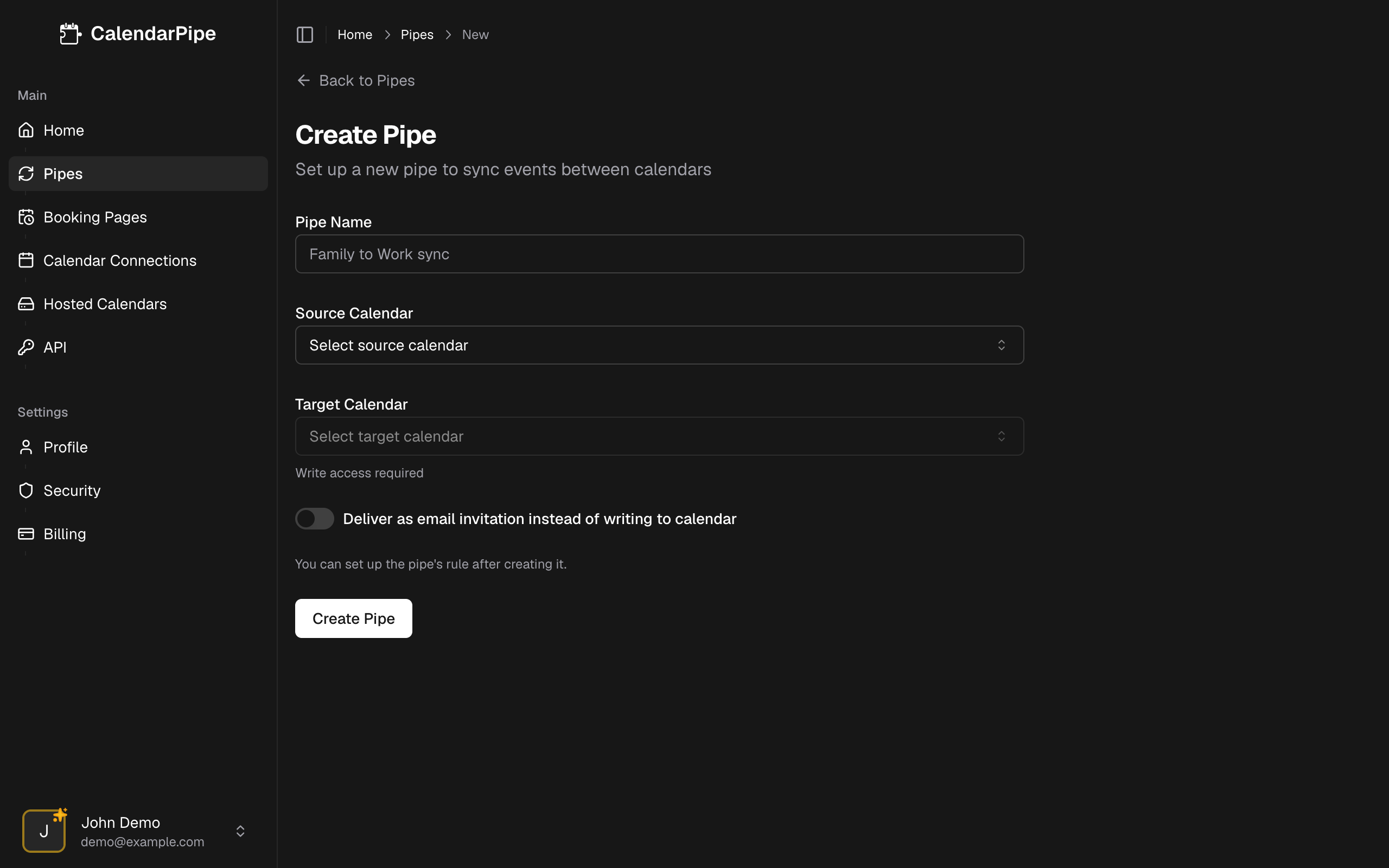 Create Pipe page