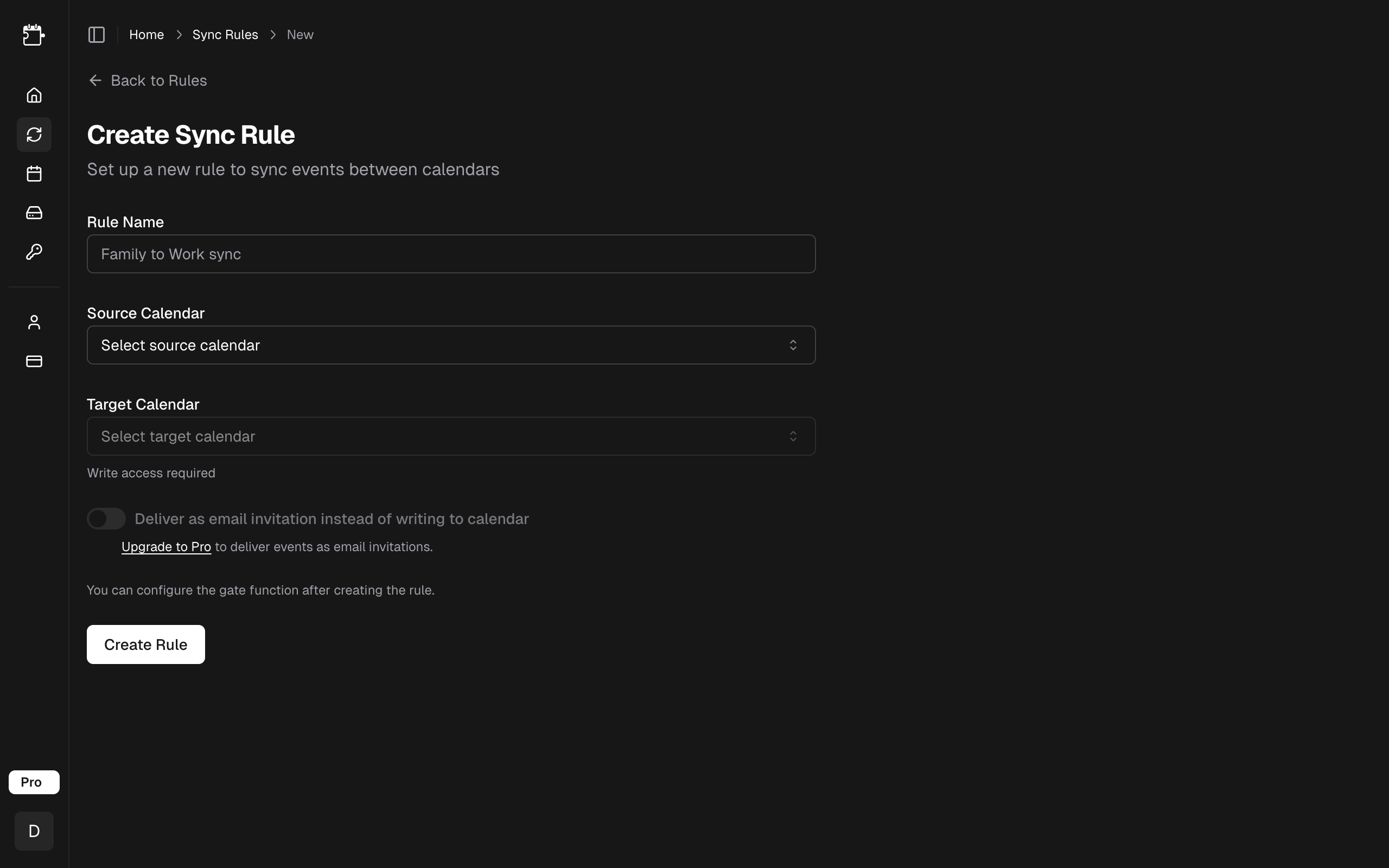 Create sync rule page