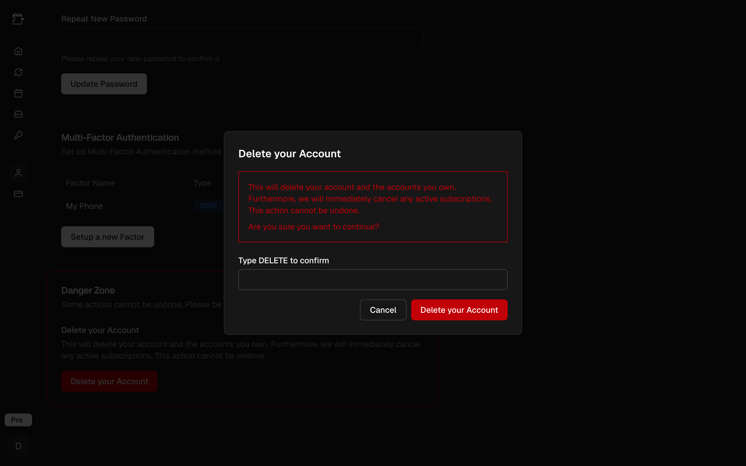 Delete account confirmation dialog