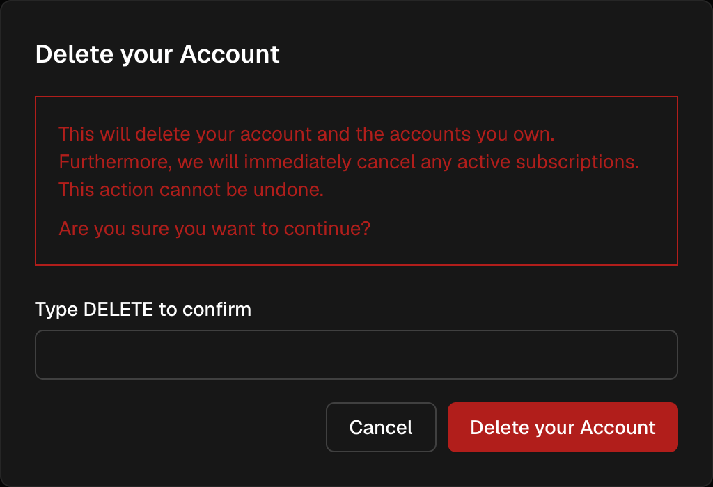 Delete account confirmation dialog