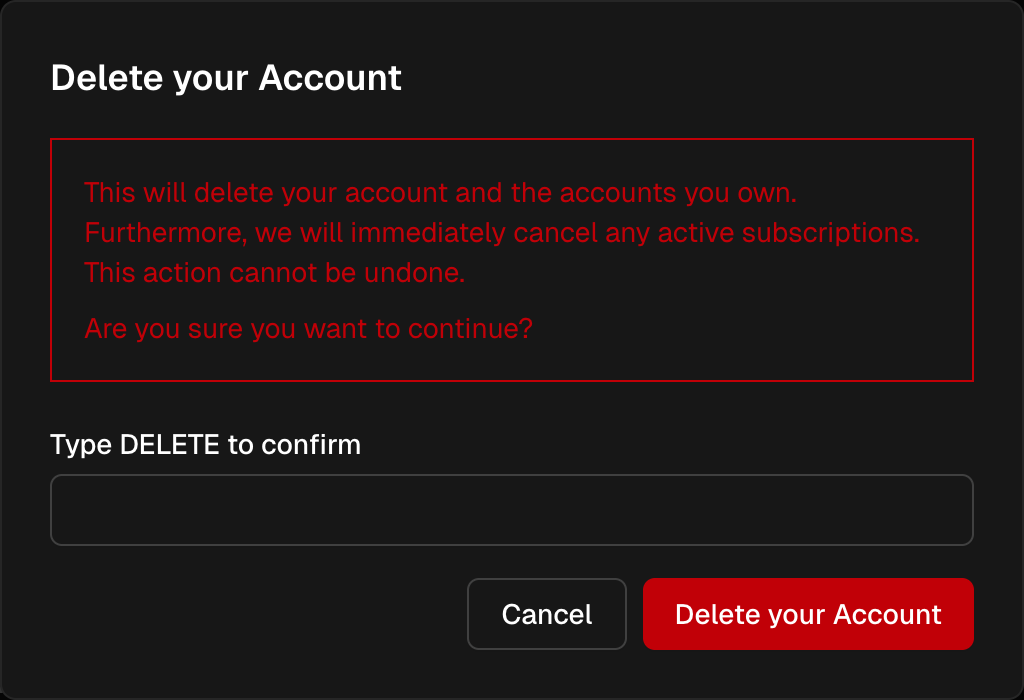 Delete account confirmation dialog