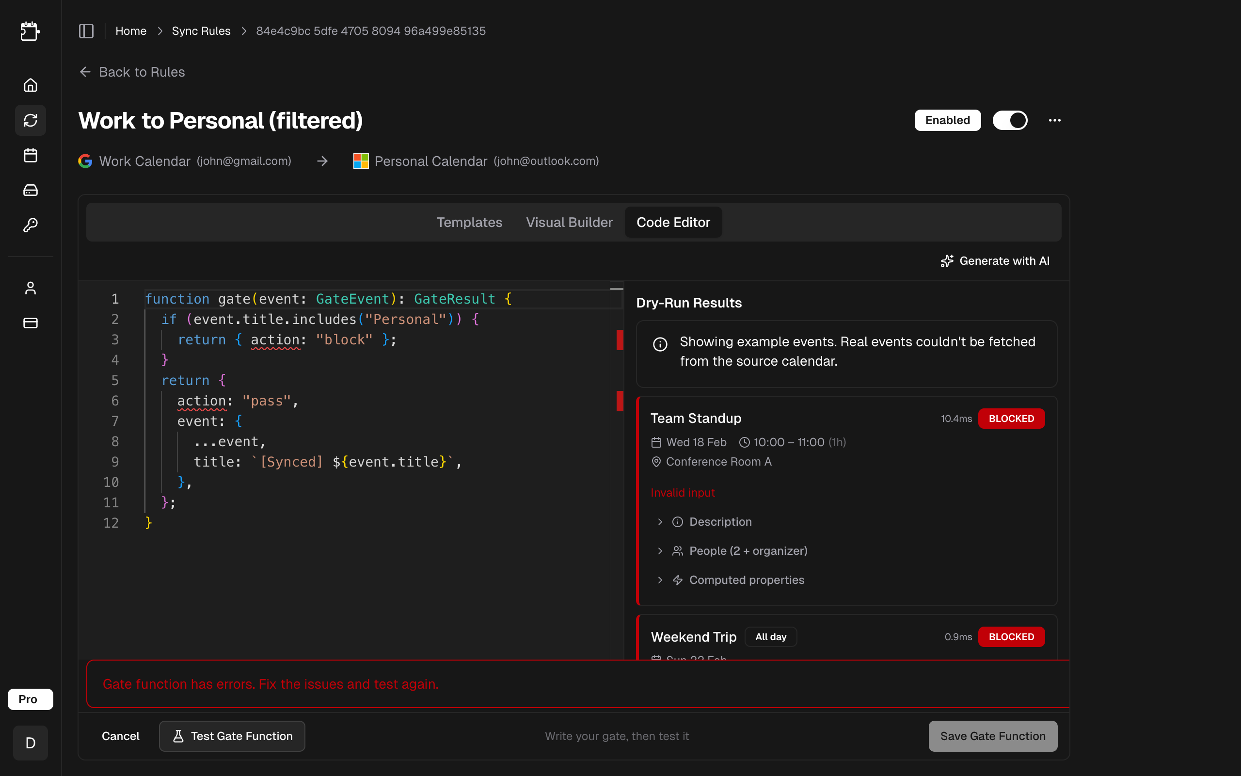 Dry-run results showing passed, blocked, and transformed events