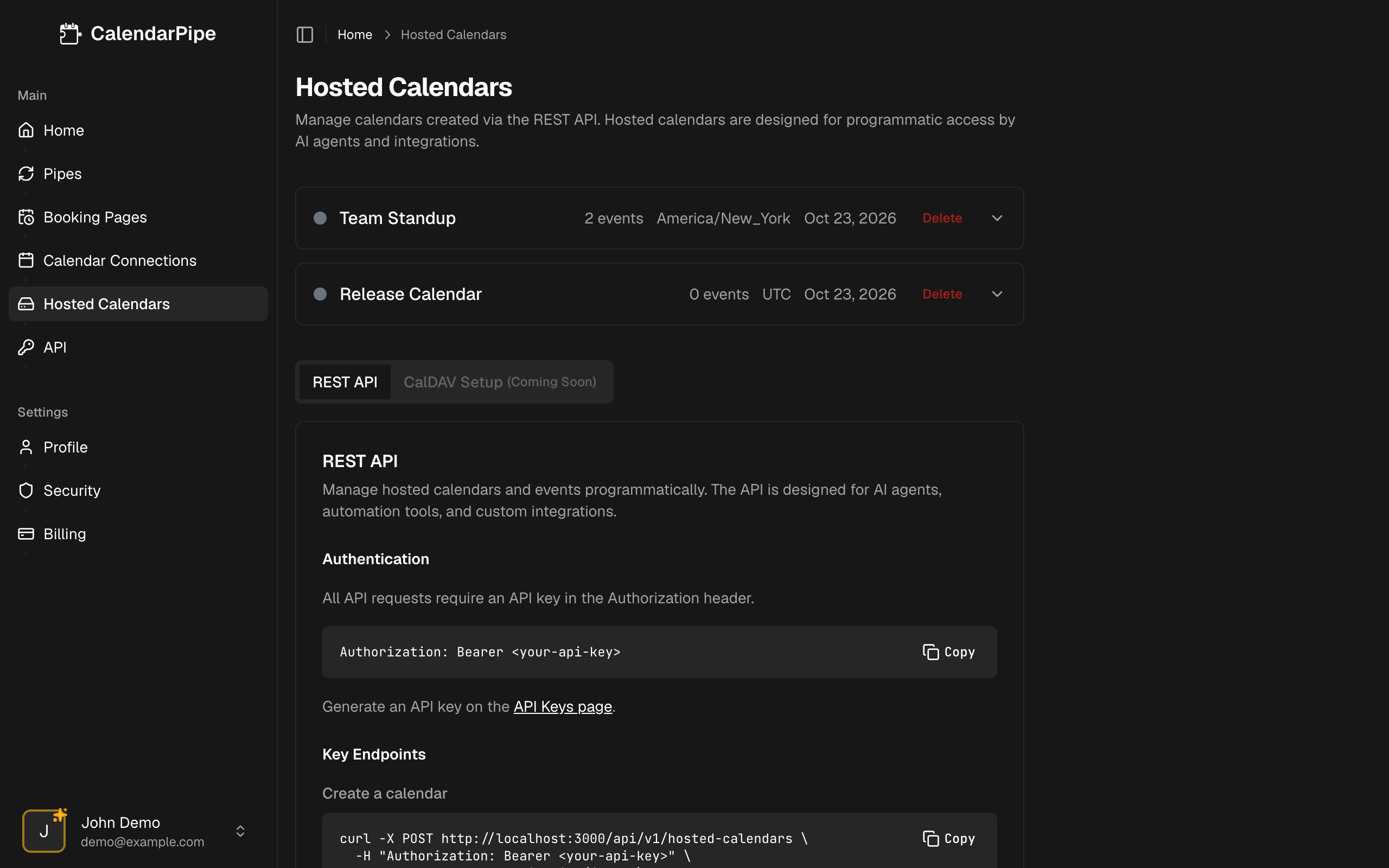 Hosted calendars list view