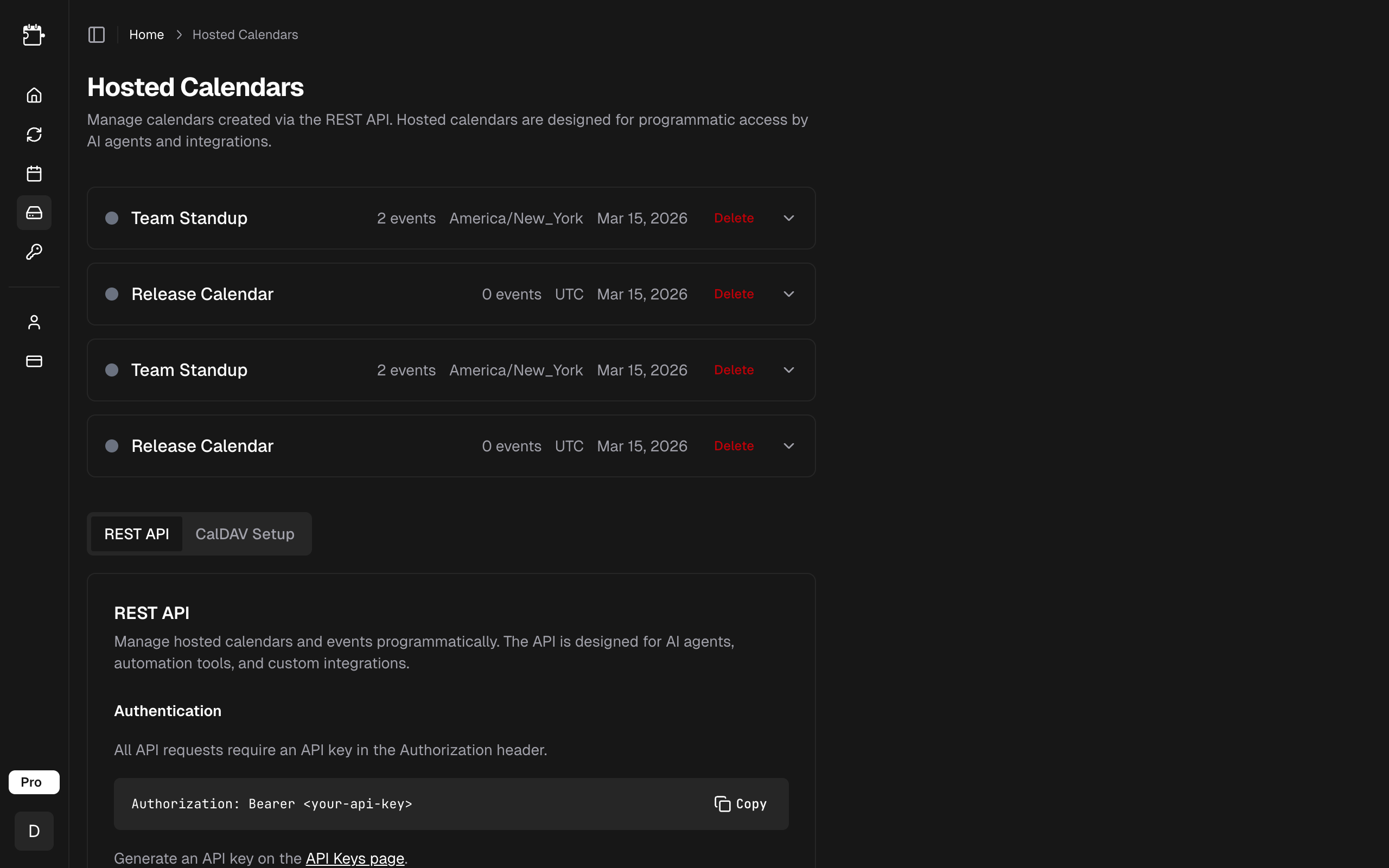 Hosted calendars list view