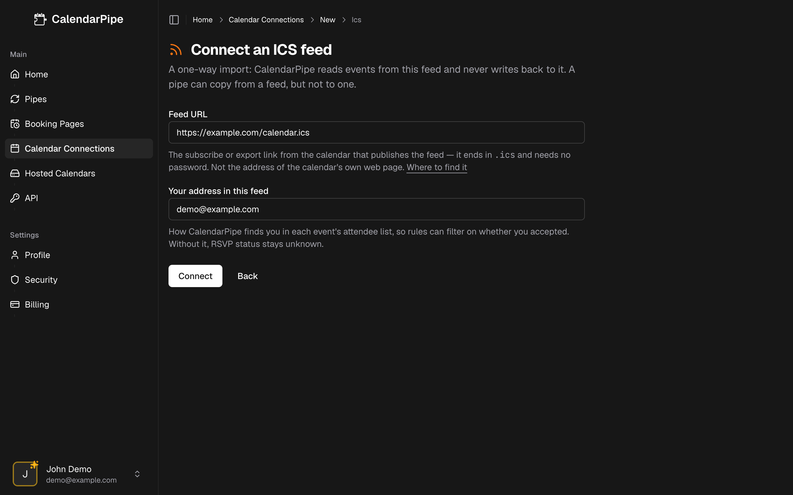 ICS feed connection form
