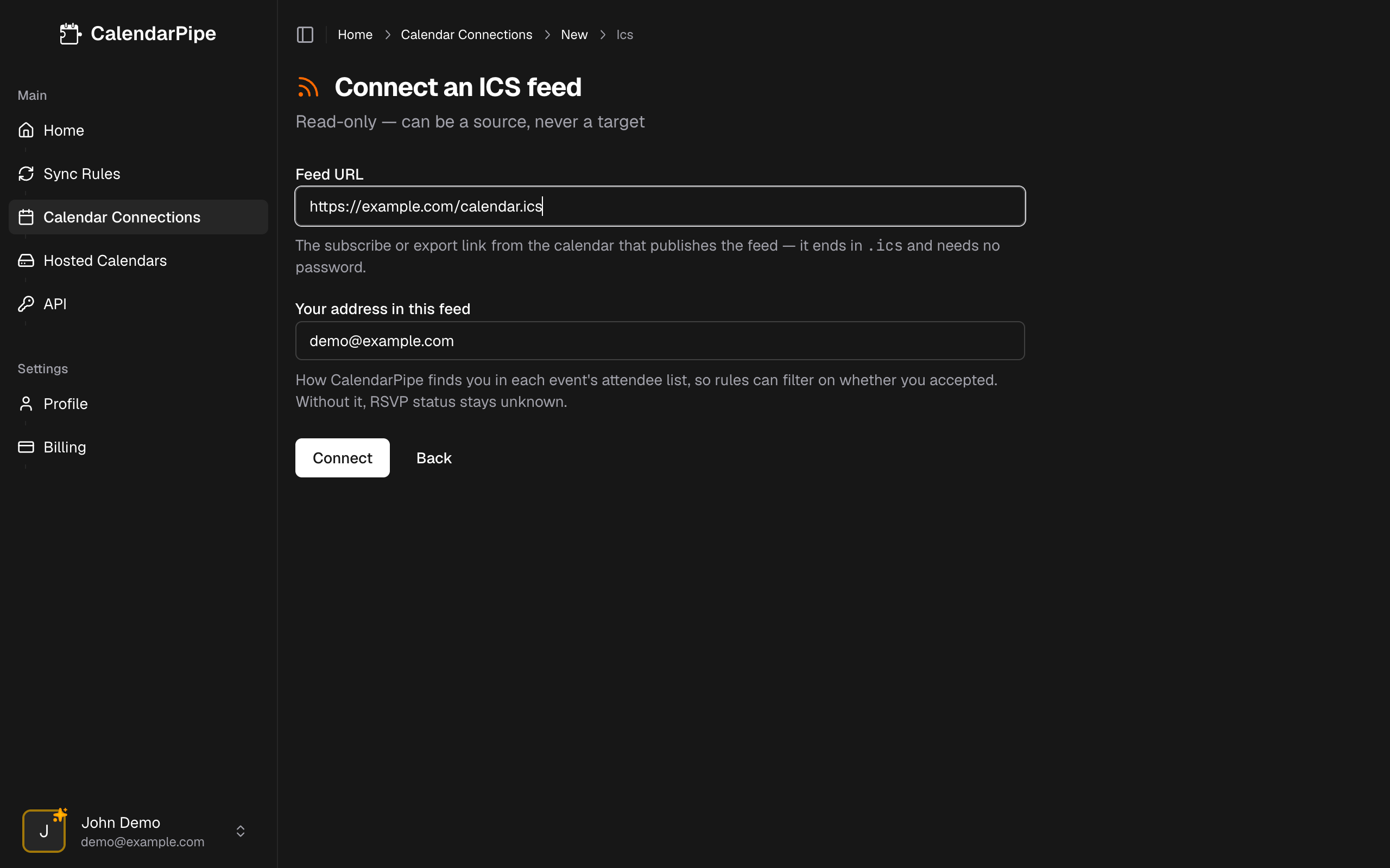 ICS feed connection form