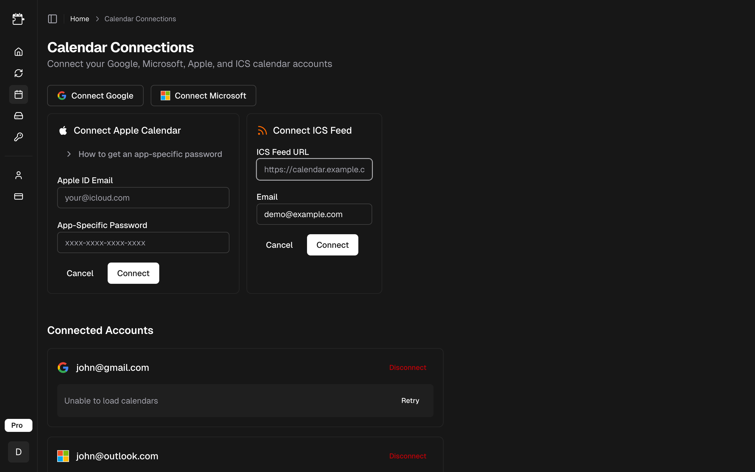 ICS feed connection form