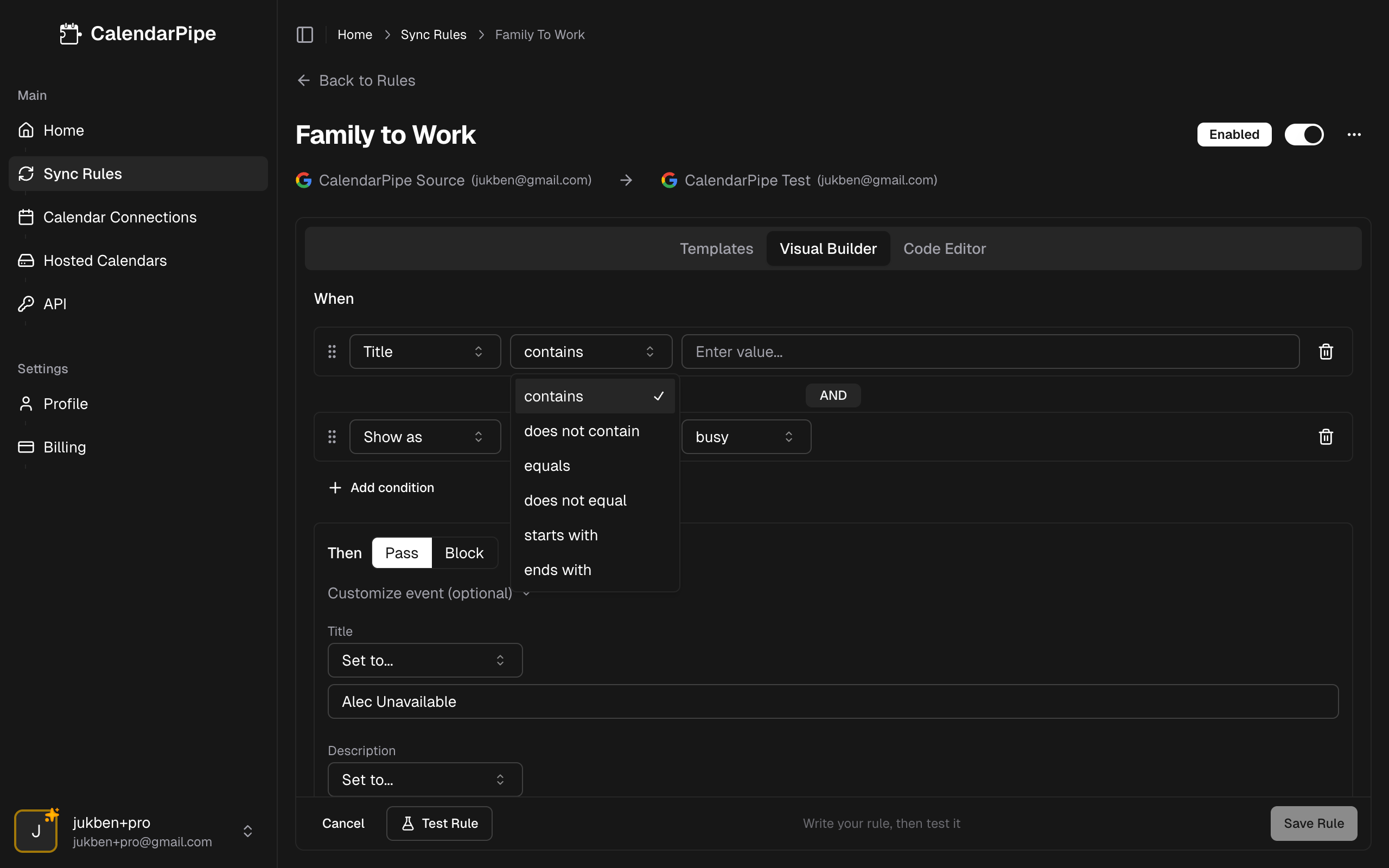 Operator dropdown for a text property