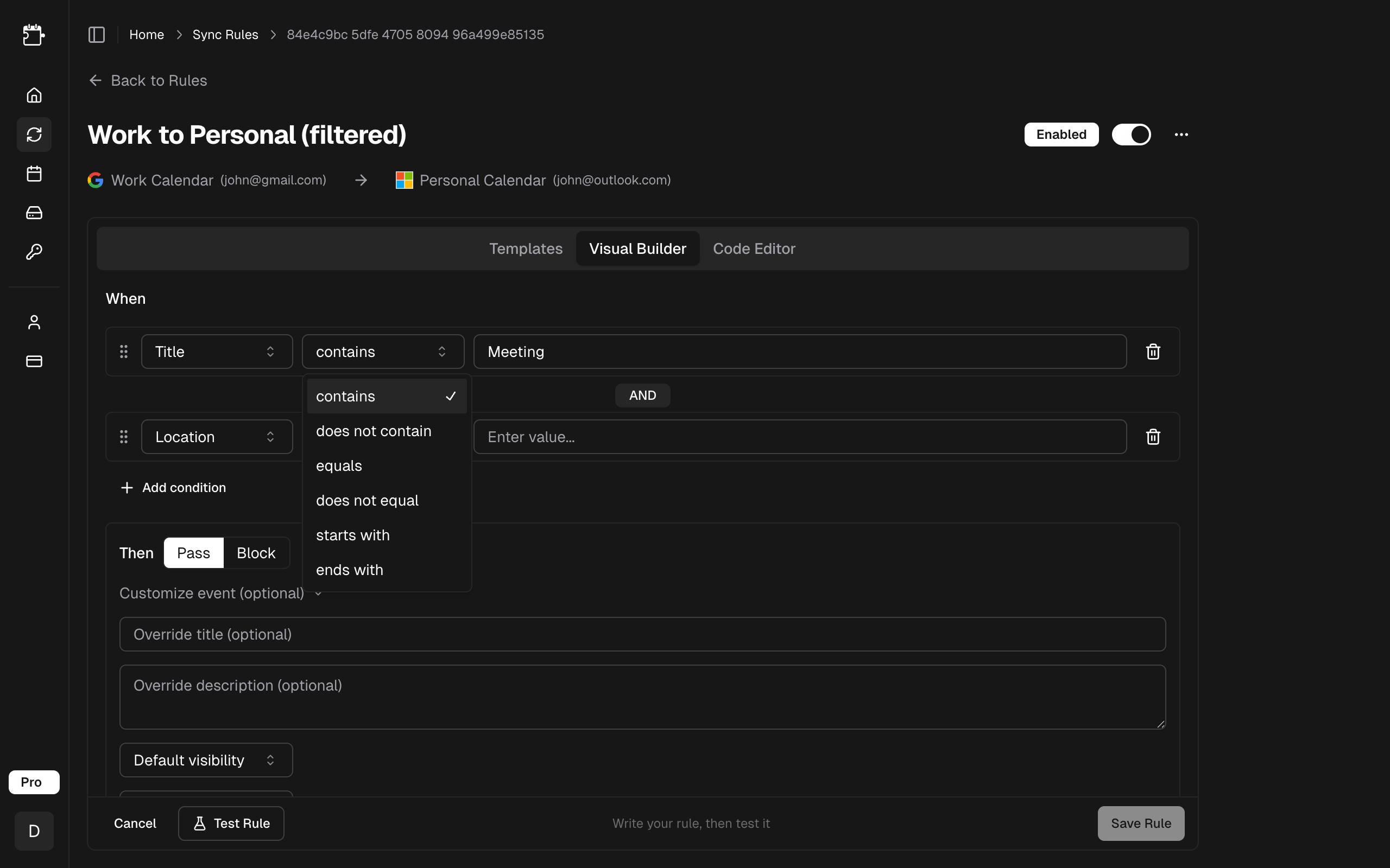 Operator dropdown for a text property
