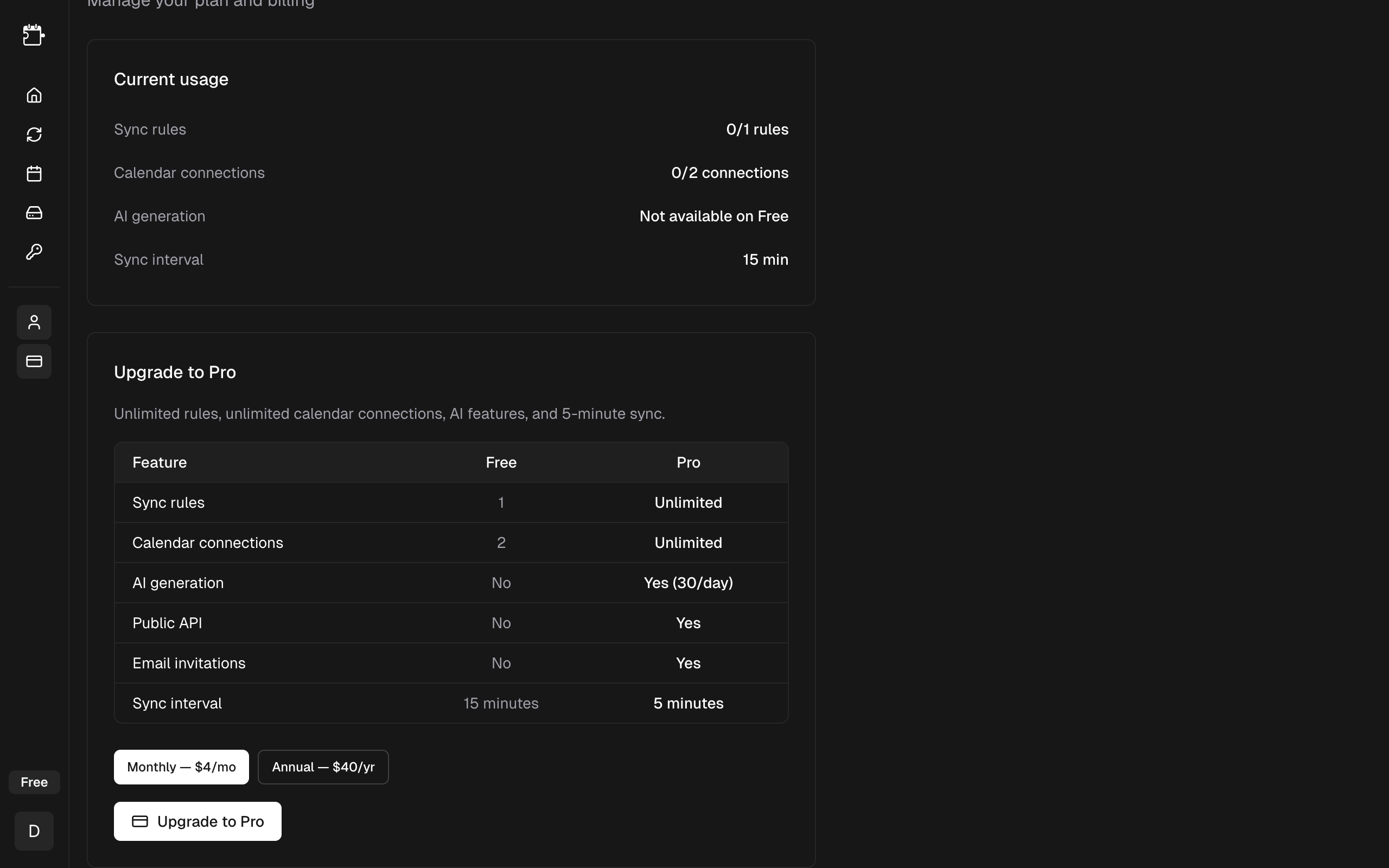Plan comparison in the app