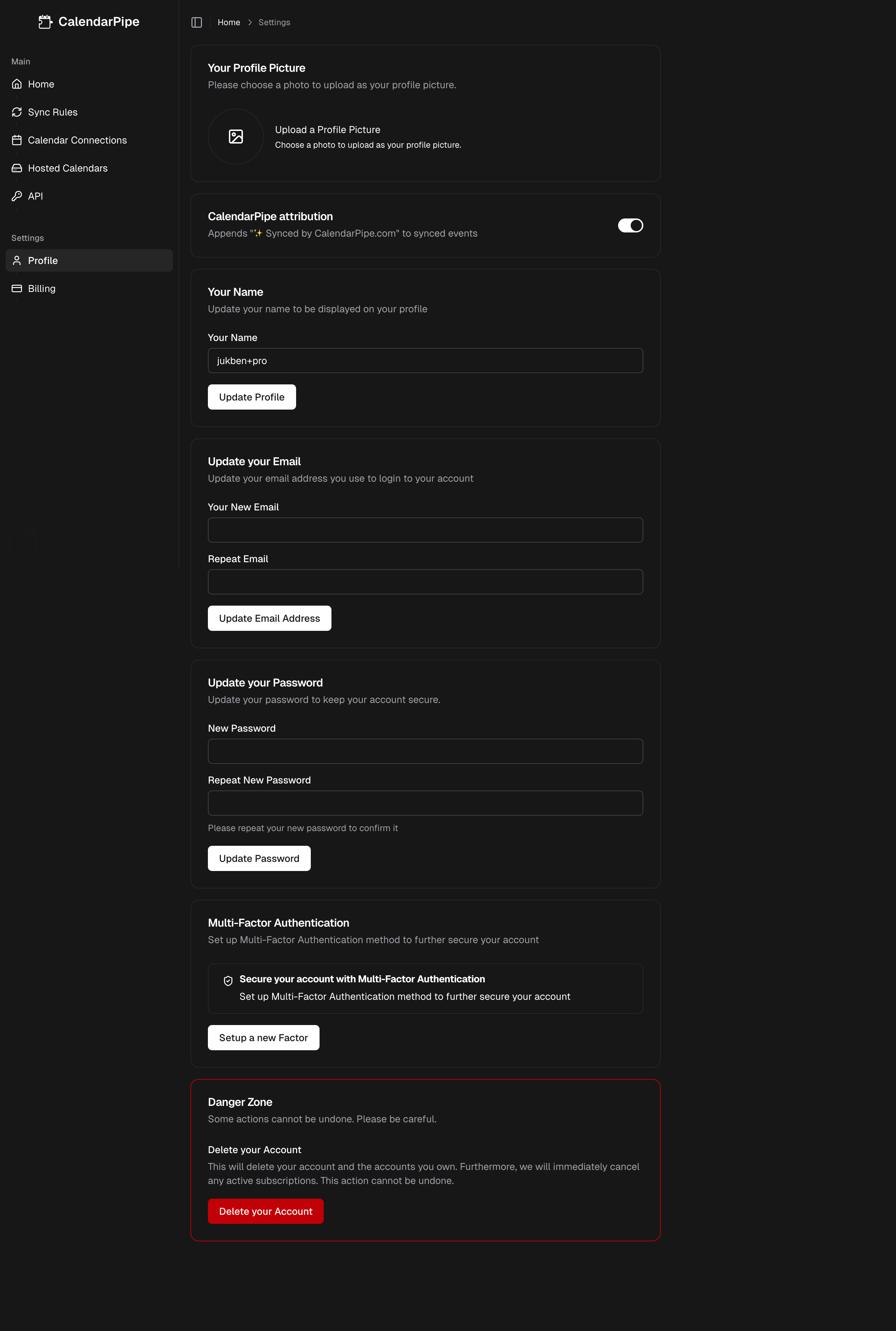 Account settings page overview