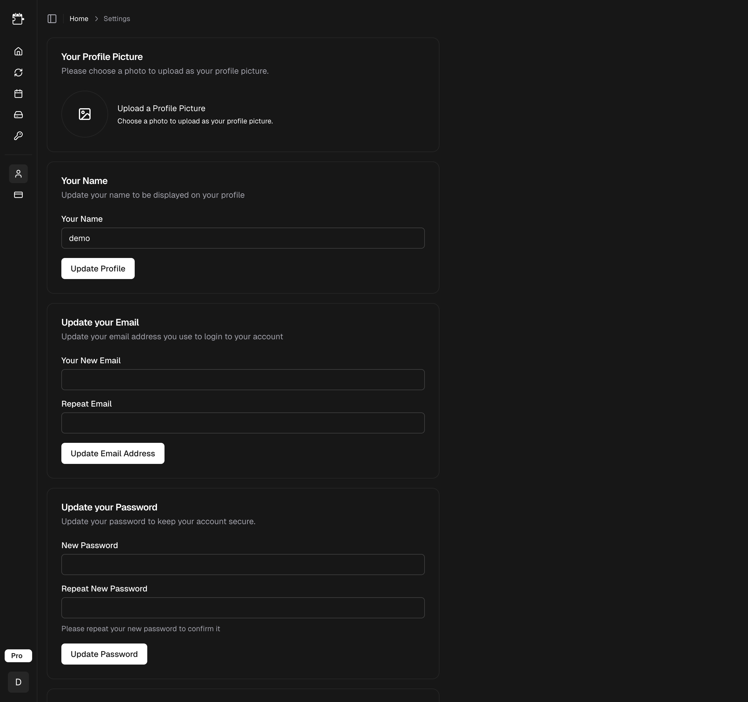 Account settings page overview