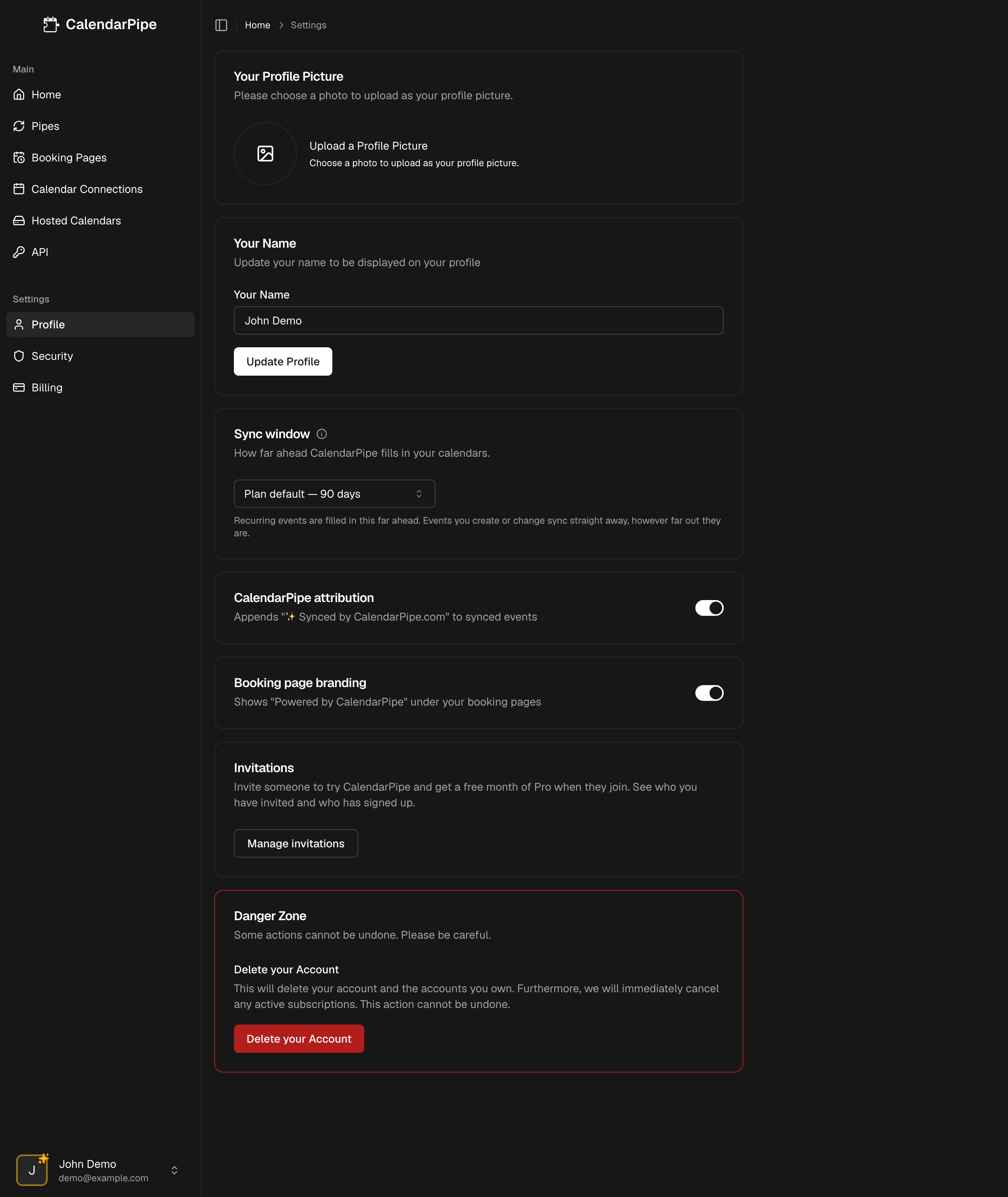 Account settings page overview