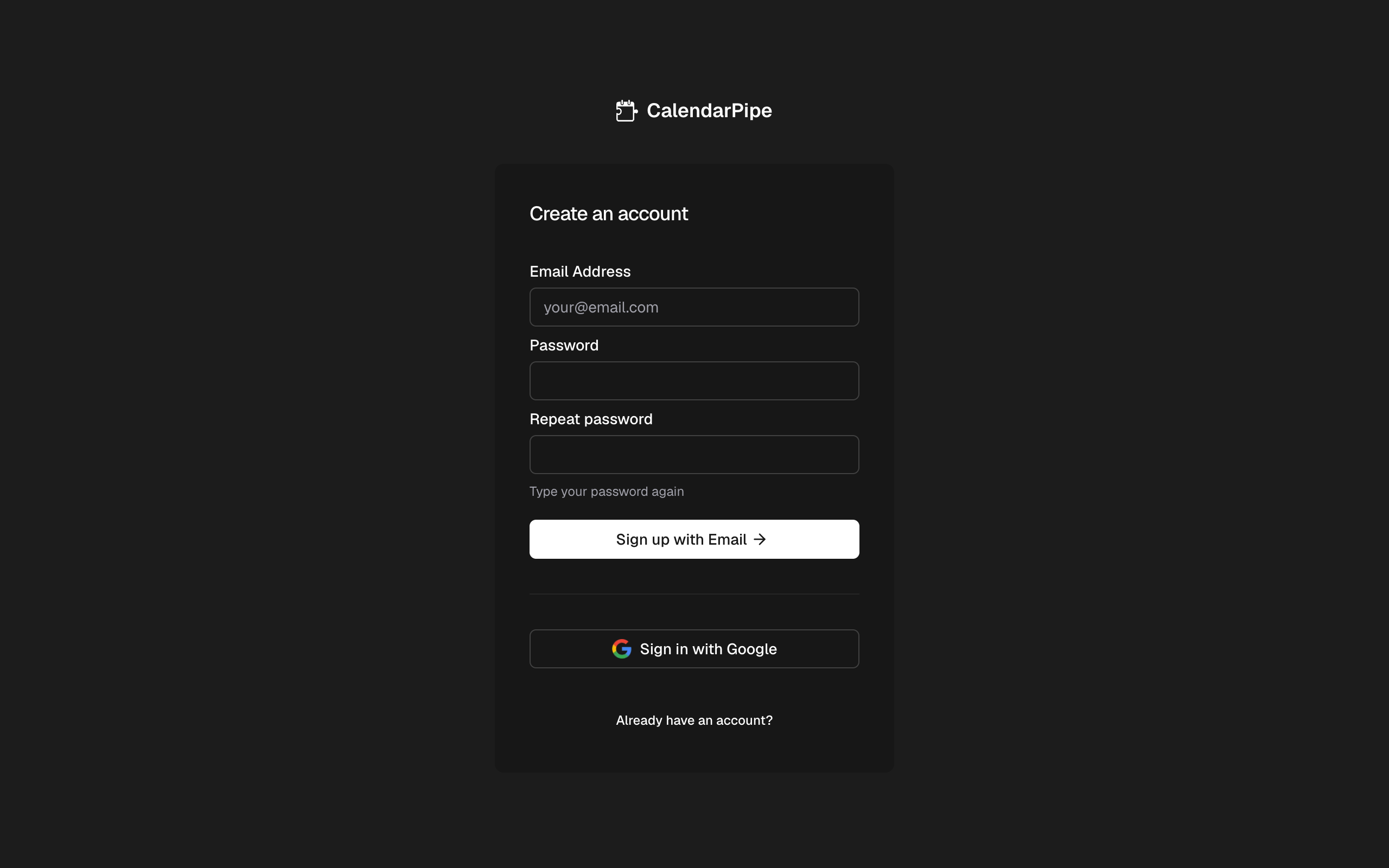 CalendarPipe sign-up page