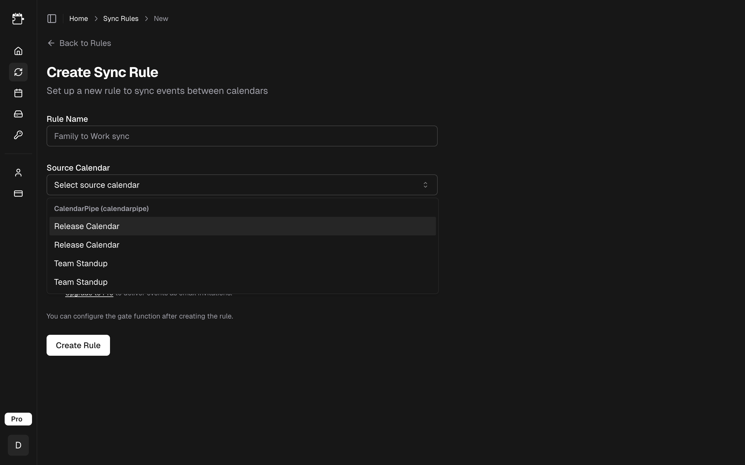 Source and target calendar selection