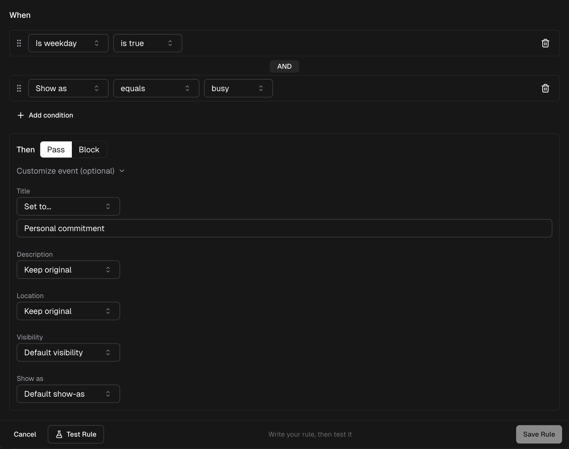 Visual Builder interface with condition and action panels