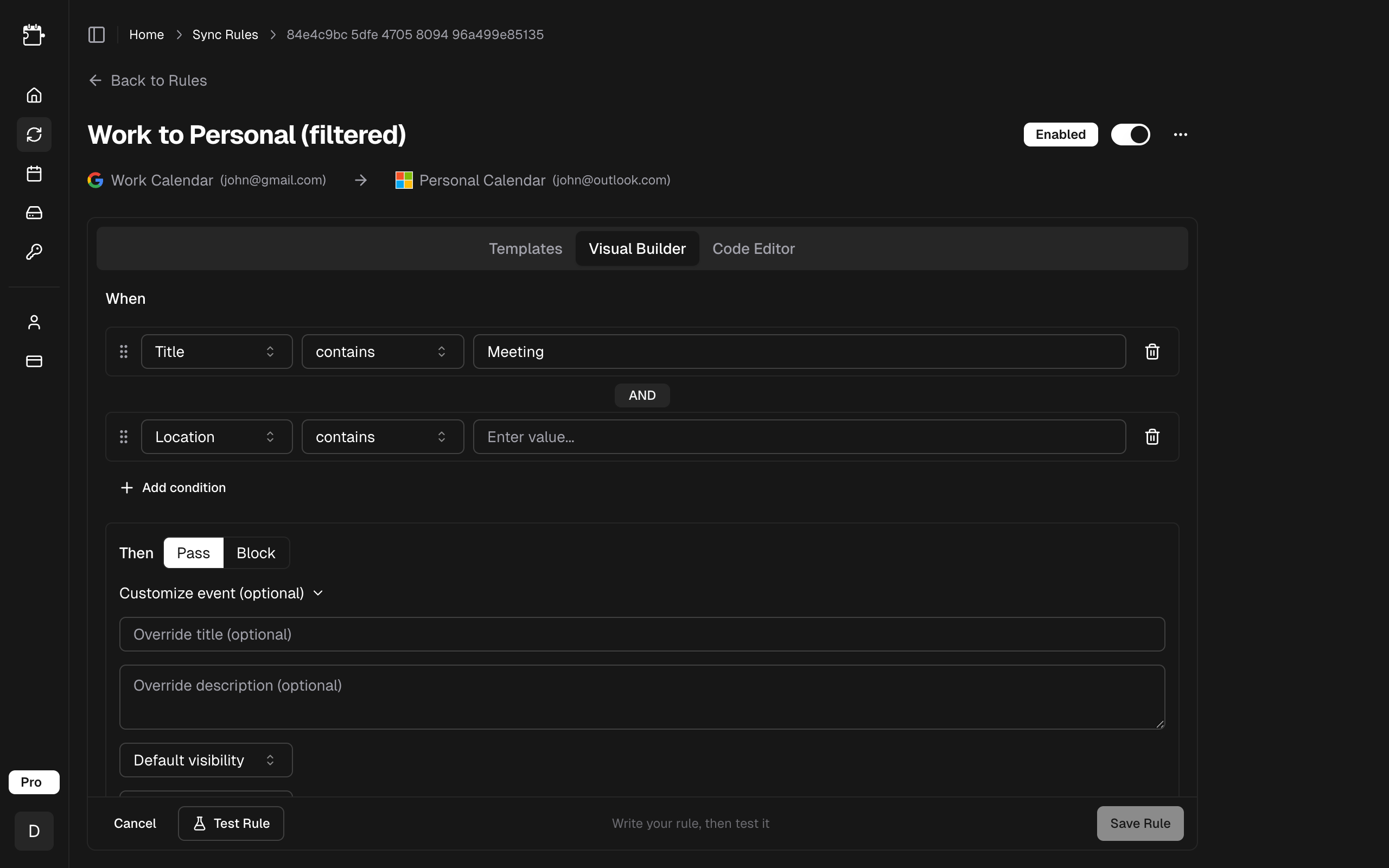 Visual Builder interface with condition and action panels